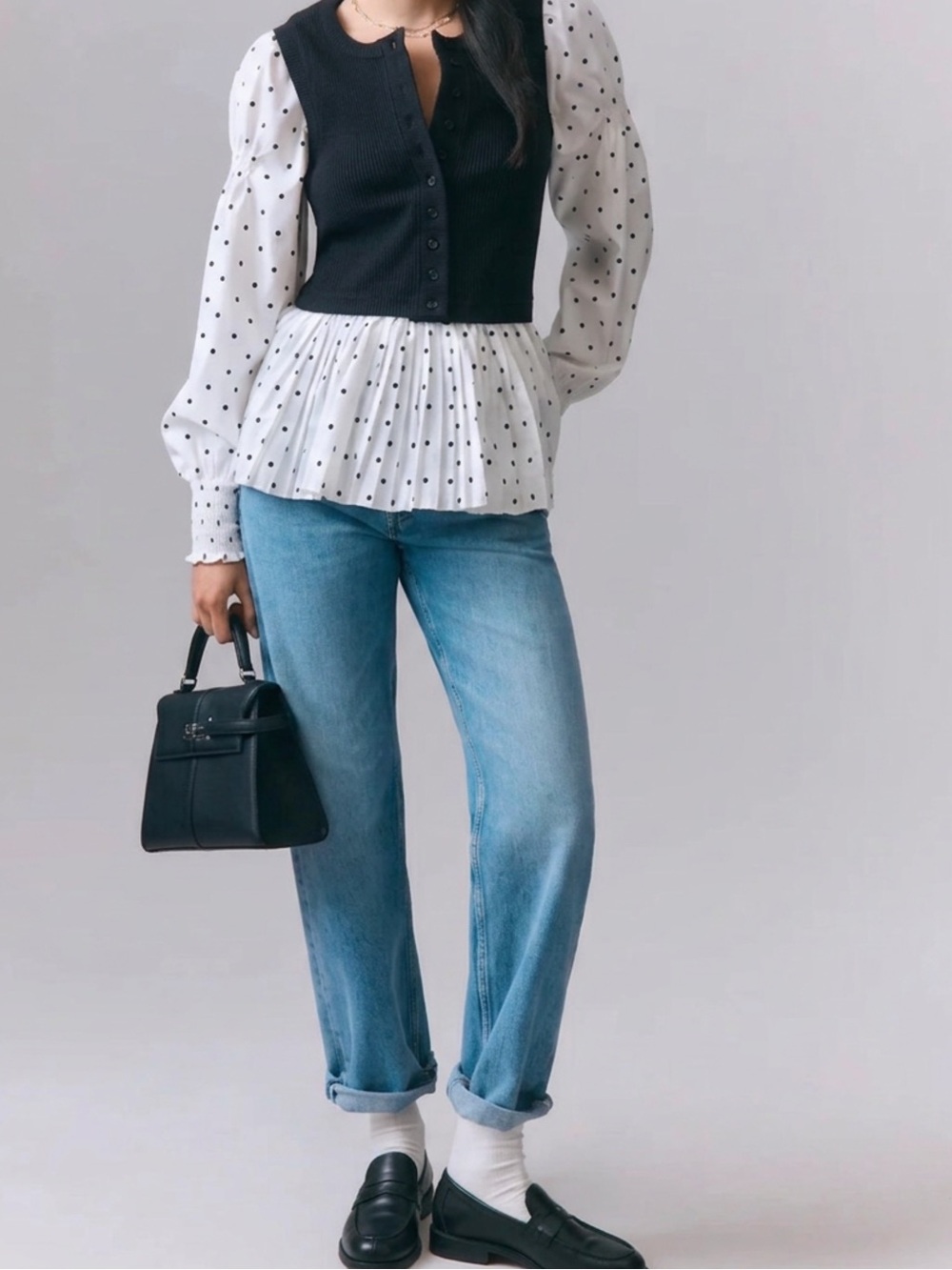 Anthropologie Polka Dot Puff Sleeve Peplum Top XXS